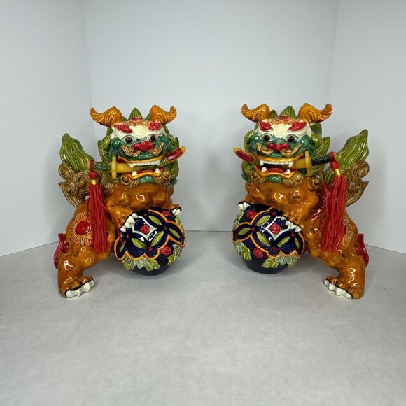 Japanese Komainu Lion Guardian ShiShi Foo Dog and Sword Set of 2 Orange Colorful